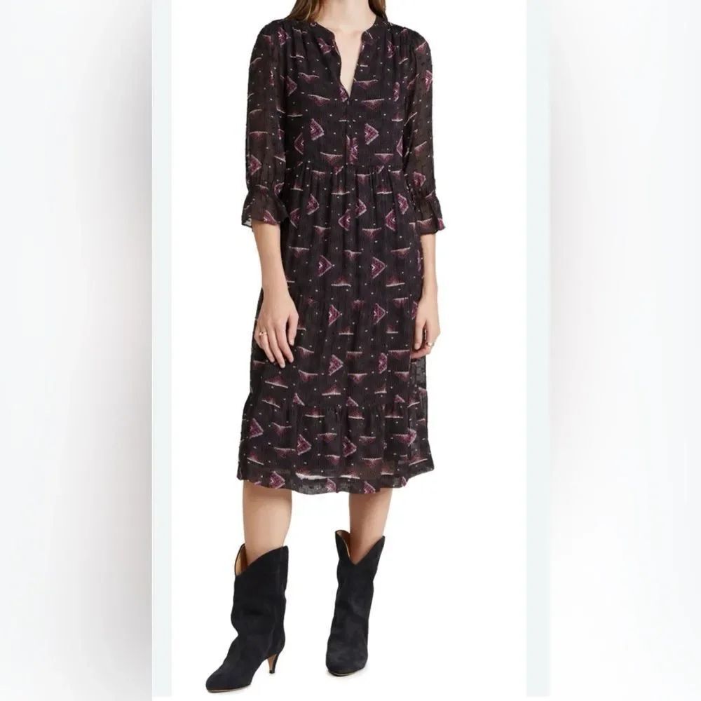 Ba&sh Women’s Brown Purple Calliope Printed Tiered Midi Dress Size 3/L